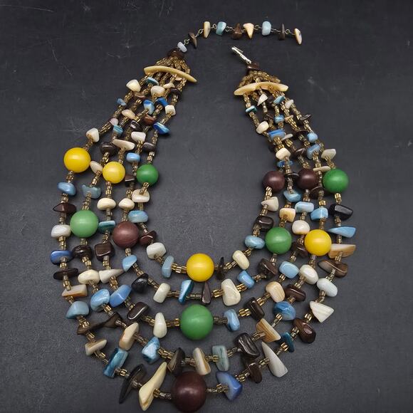 Vintage Colorful Japan Beaded Layered Necklace Multi Strand Shell Glass Plastic - Picture 8 of 9